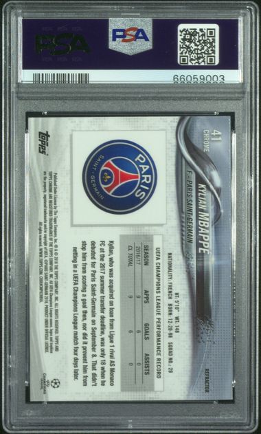 Kylian Mbappé 2017-18 Topps Chrome UCL #41 Refractor Rookie PSA 9