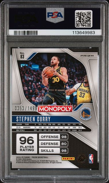 Stephen Curry 2024 Panini Prizm Monopoly #83 Millionaire Club PSA 10
