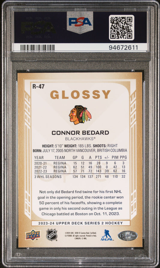 Connor Bedard 2023 Upper Deck OPC #R47 Glossy-Gold PSA 10