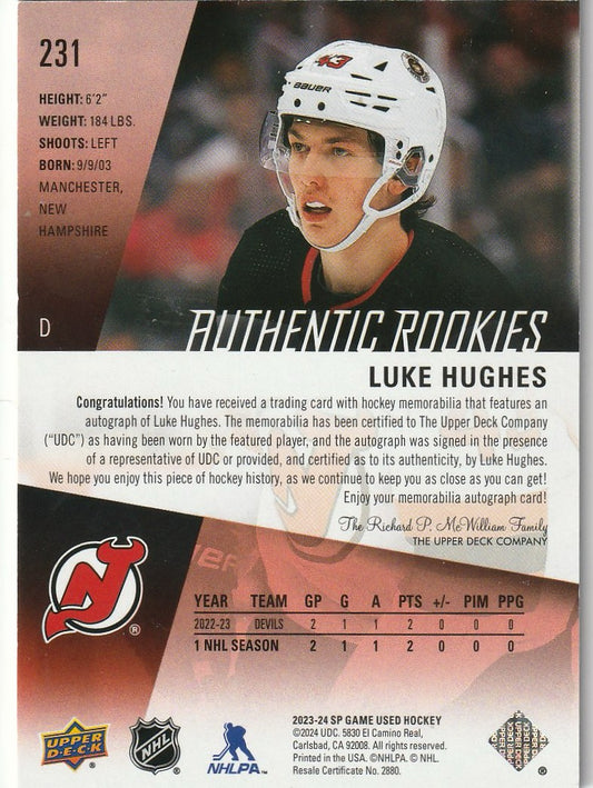 Luke Hughes 2023-24 SP Game-Used Authentic Rookies Patch Auto 6/49