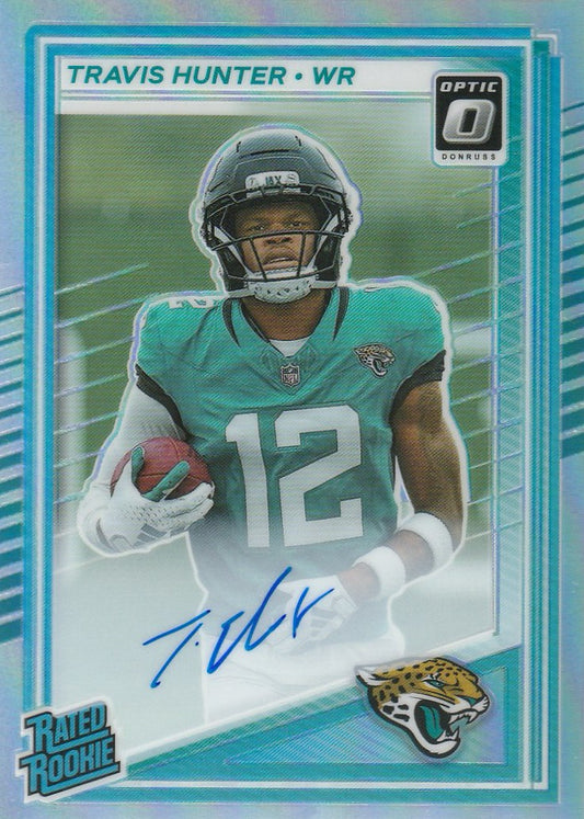 Travis Hunter 2025 Donruss Optic Football #201 Rated Rookie Auto Holo 83/199 Raw