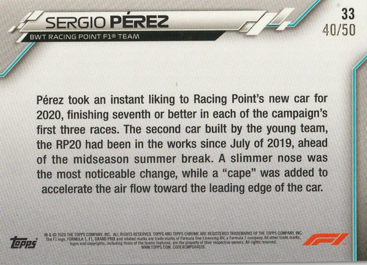 Sergio Perez 2020 Topps Chrome F1 #33 Gold 40/50