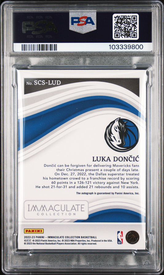 Luka Doncic 2022 Immaculate #SCSLUD Scorers Club Signature 05/25 PSA Authentic Auto 10