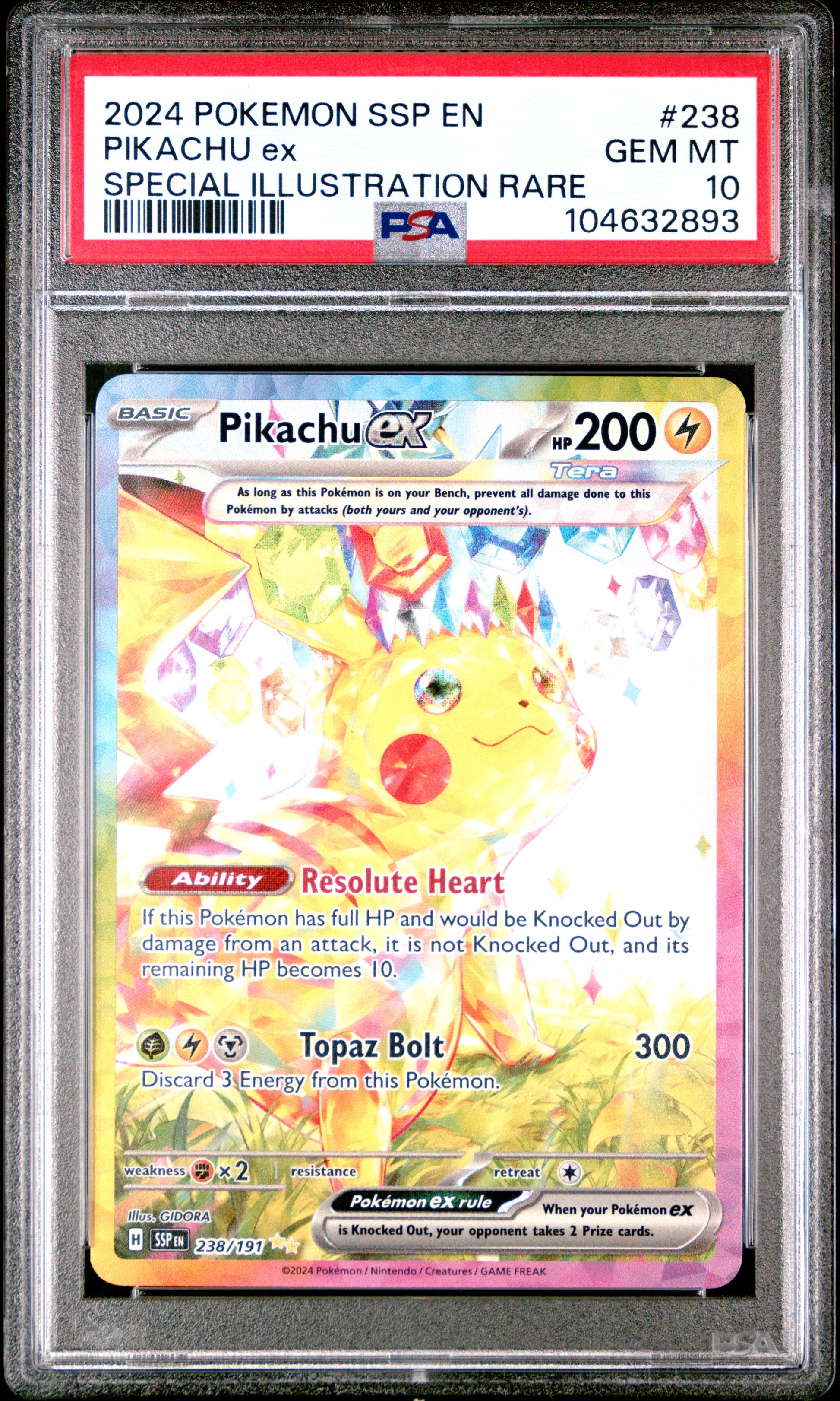 Pikachu EX 2024 Pokemon SSP English #238 Special Illustration Rare PSA 10