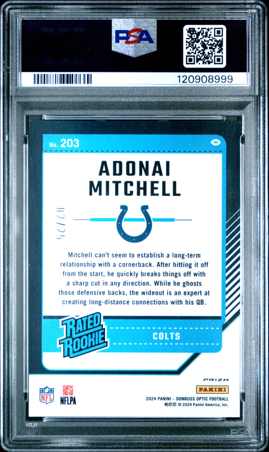 Adonai Mitchell 2024 Donruss Optic #203 Black Pandora 2/25 PSA 10