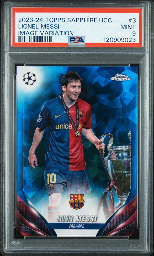 Lionel Messi 2023-24 Topps Sapphire UCC #3 Image Variation PSA 9