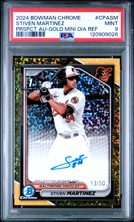 Stiven Martinez 2024 Bowman Chrome #CPASM Prespct Auto-Gold Mini Diamond Refractor 13/50 PSA 9