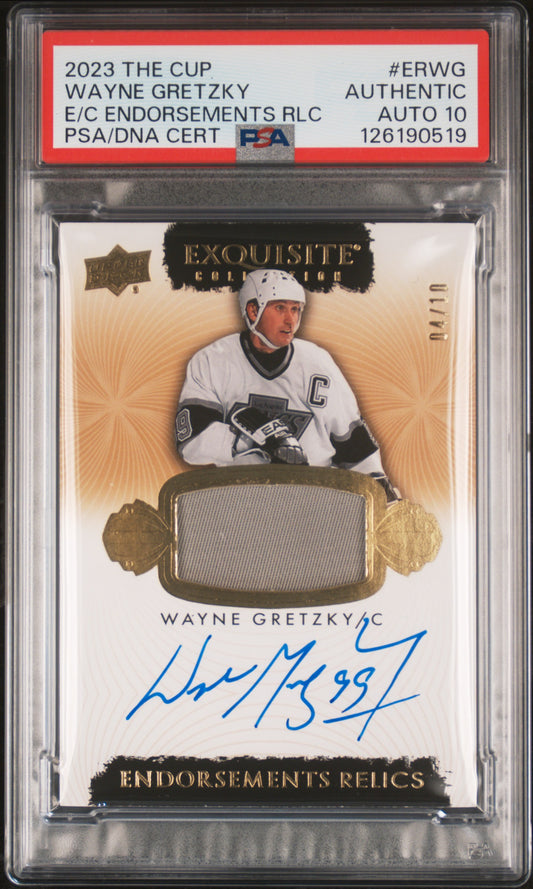 Wayne Gretzky 2023 The Cup #ERWG Exquisite Collection Endorsements Relic 4/10 PSA Authentic Auto 10