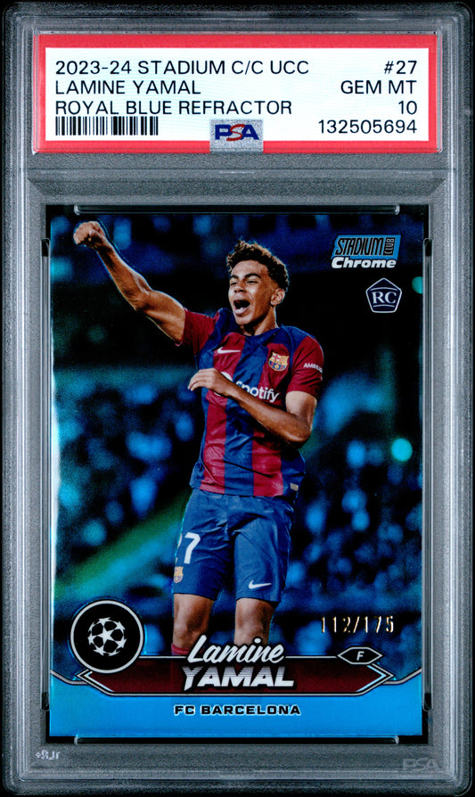 Lamine Yamal 2023-24 Stadium Chrome #27 Royal Blue Refractor Rookie 112/175 PSA 10
