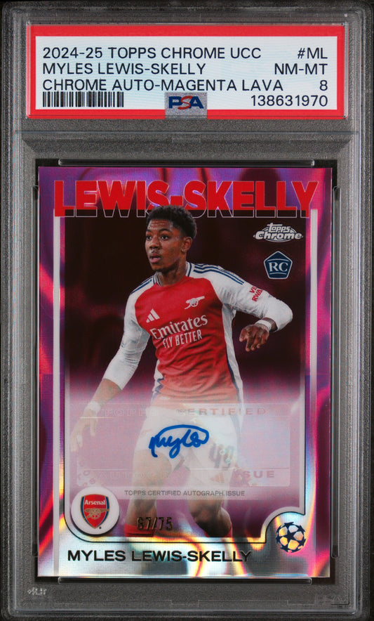 Myles Lewis-Skelly 2024-25 Topps Chrome UCC #ML Chrome Auto-Magenta Lava 67/75 PSA 8