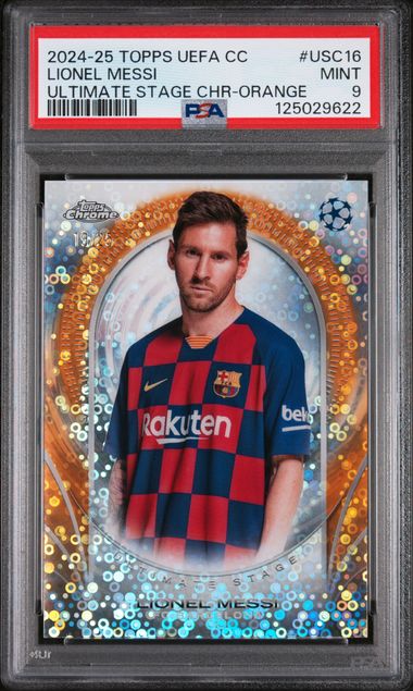 Lionel Messi 2024 Topps UEFA CC #USC16 Ultimate Stage Chrome Orange 19/25 PSA 9
