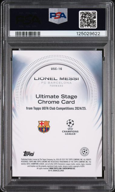 Lionel Messi 2024 Topps UEFA CC #USC16 Ultimate Stage Chrome Orange 19/25 PSA 9