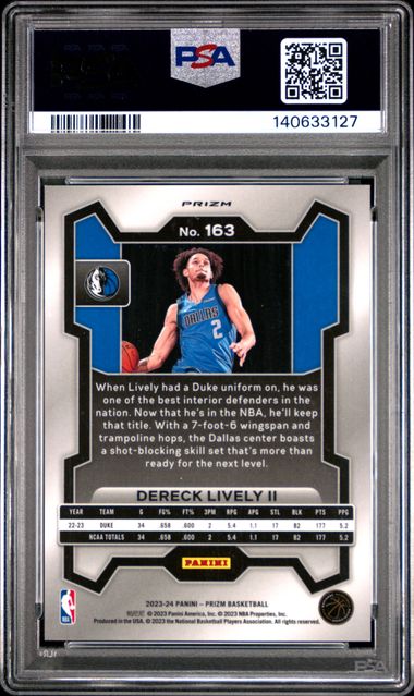 Dereck Lively II 2023 Panini Prizm #163 White Sparkle Rookie PSA 9