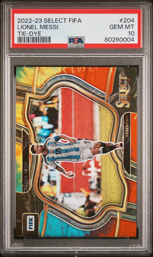 Lionel Messi 2022-23 Select FIFA #204 Field Level Tie-Dye 38/49 PSA 10