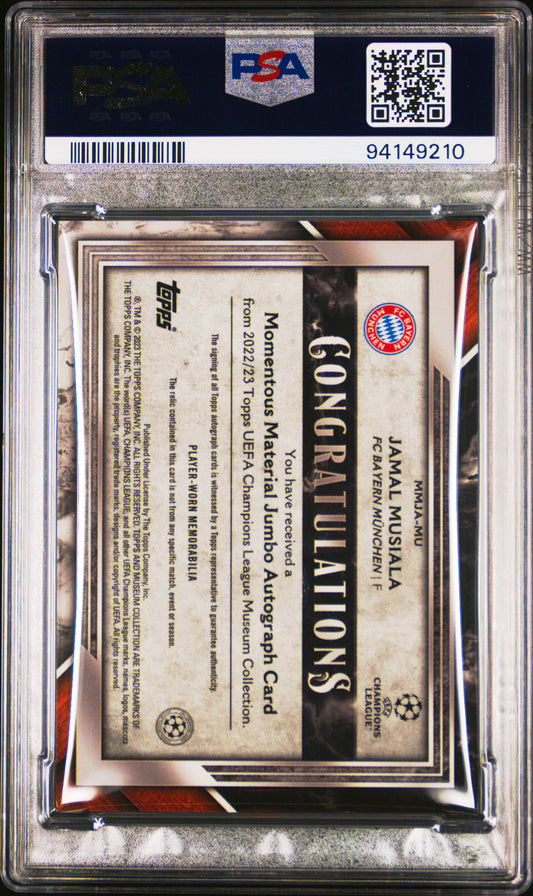 Jamal Musiala 2022-23 Museum Collection UCL #MU Momentous Material Jumbo Auto-Ruby PSA 10
