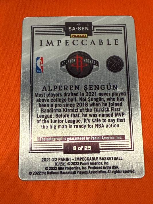 Alperen Sengun 2021 Panini Impeccable #SA-SEN Stainless Stars Orange 8/25