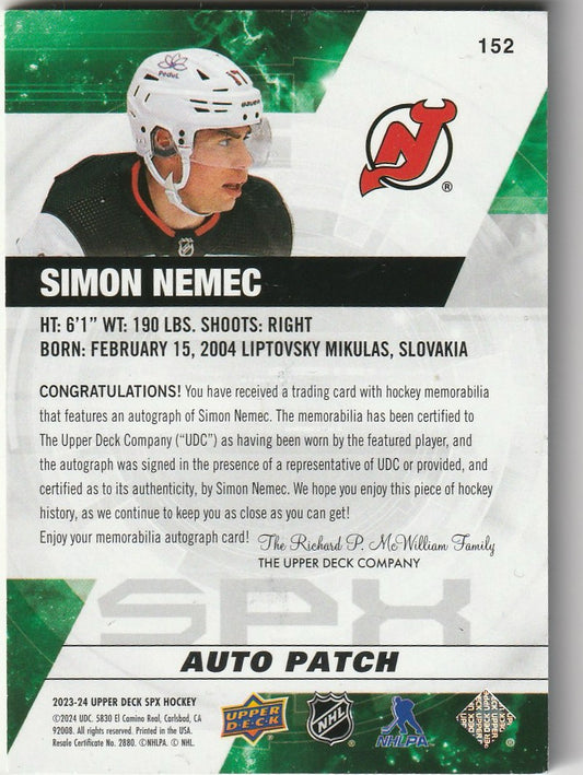Simon Nemec 2025 SPx Hockey Rookies Patch Auto Green 21/25