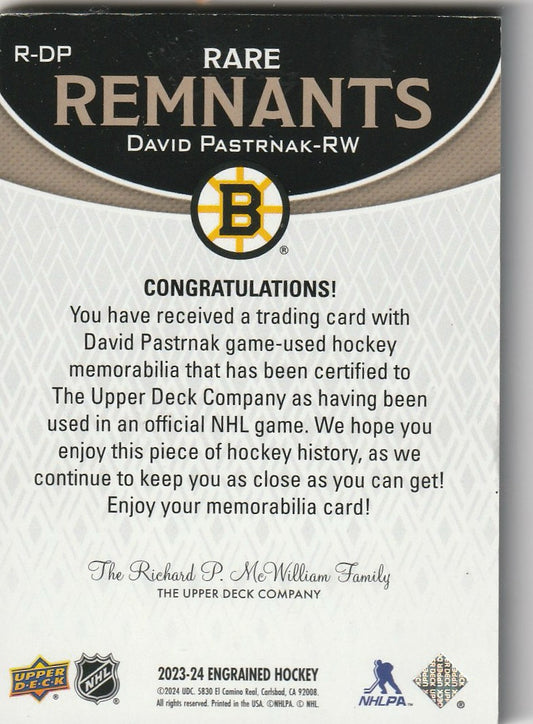 Davis Pastrnak 2023-24 Engrained Hockey #R-DP Remnants (Game-Used) 1/25