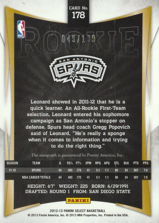 Kawhi Leonard 2012 Select #178 Rookie Autograph 49/199