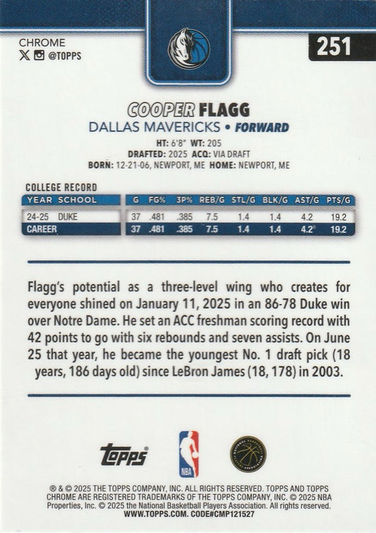Cooper Flagg 2025 Topps Chrome Basketball #251 Yellow Basketball Refractor 218/275