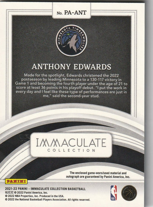 Anthony Edwards 2021-22 Panini Immaculate #PA-ANT Patch Autographs 34/49