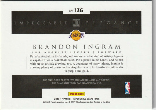 Brandon Ingram 2016-17 Impeccable #136 Elegance Rookie Patch Auto 54/99