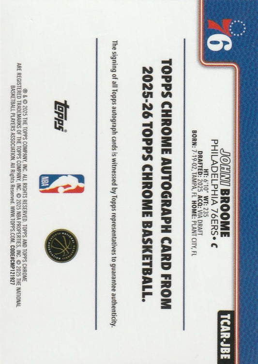 Johni Broome 2025 Topps Chrome Basketball #TCAR-JBE Rookie Autographs Black 8/10
