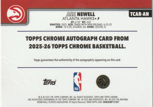 Asa Newell 2025 Topps Chrome Basketball #TCAR-AN Rookie Autographs Gold 08/50