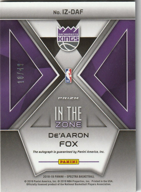 De'Aaron Fox 2018-19 Spectra #IZ-DAF In The Zone Autographs Neon Green 18/49