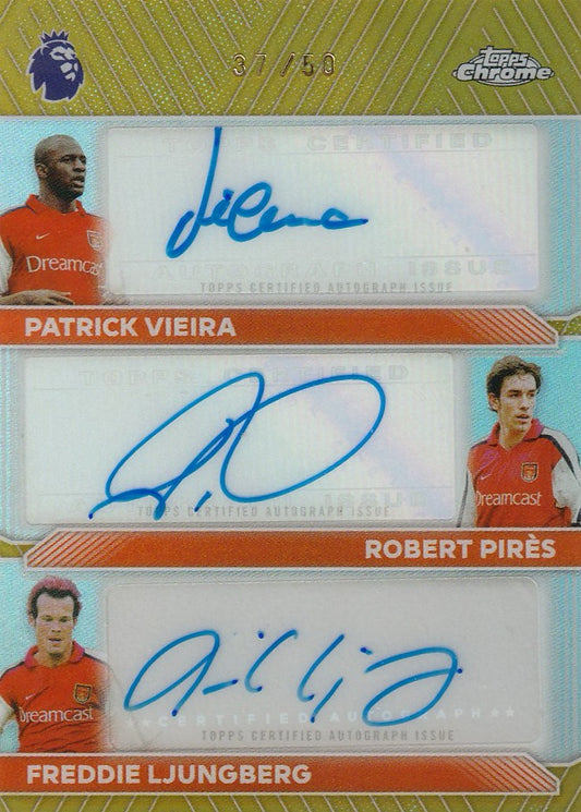 Patrick Vieira & Robert Pires & Freddie Ljungberg 2026 EPL Topps Chrome #CT-VPL Triple Auto Gold 37/50 Raw