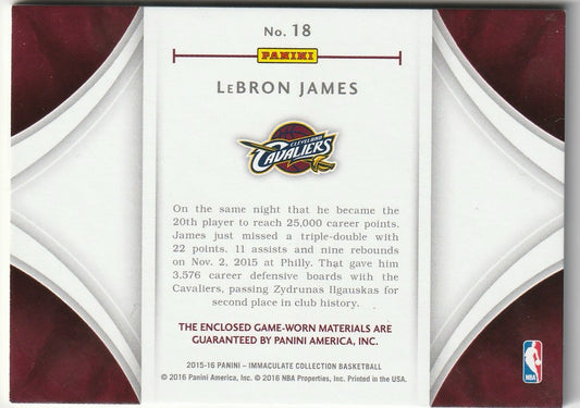 LeBron James 2015-16 Immaculate #18 Dual Patches 5/75 ( Game-Used)