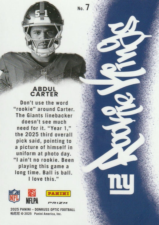 Abdul Carter 2025 Donruss Optic Football #7 Rookie Kings CASE HIT Raw