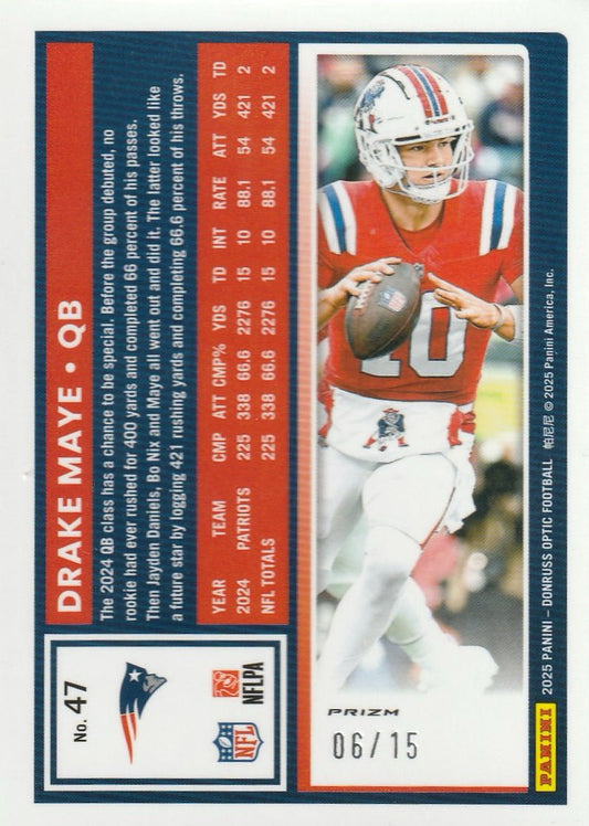 Drake Maye 2025 Donruss Optic Football #47 Purple Stars Prizm 6/15
