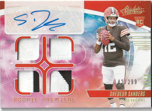 Shedder Sanders 2025 Absolutes Football #RPM-SSS Rookie Patch Material Auto 142/299