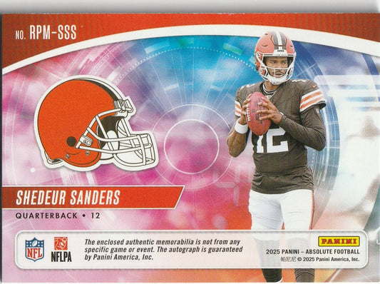 Shedder Sanders 2025 Absolutes Football #RPM-SSS Rookie Patch Material Auto 142/299