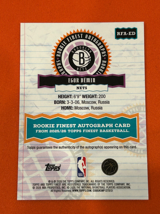 Egor Demin 2025 Topps Finest #RFA-ED Rookie Finest Autograph Gold 45/50