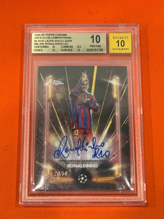 Ronaldinho 2024 Topps Chrome UEFA Club Competitions #BLARI Black Lazer Gold Lazer Auto 20/50 BGS 10