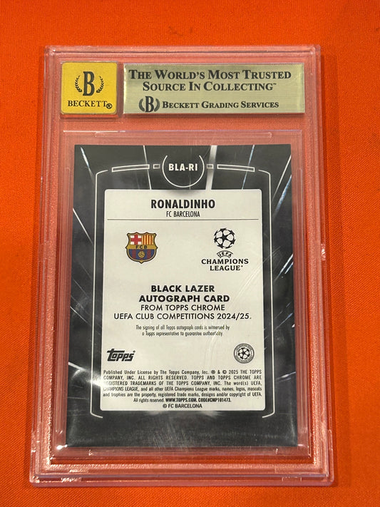 Ronaldinho 2024 Topps Chrome UEFA Club Competitions #BLARI Black Lazer Gold Lazer Auto 20/50 BGS 10