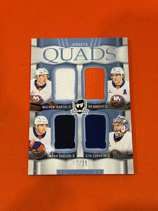 Mathew Barzal & Bo Horvat & Noah Dobson & Ilya Sorokin 2024 Upper Deck The Cup #C4-BHDS Quads Jerseys 17/25
