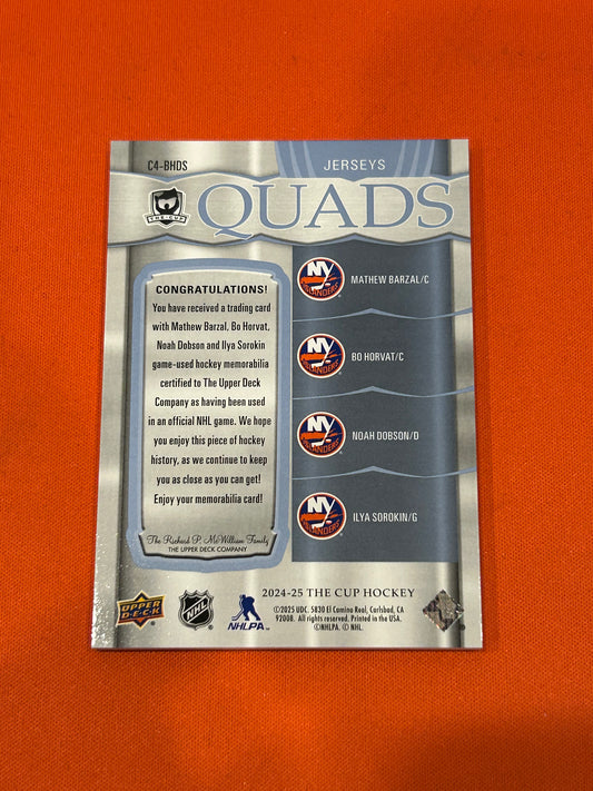 Mathew Barzal & Bo Horvat & Noah Dobson & Ilya Sorokin 2024 Upper Deck The Cup #C4-BHDS Quads Jerseys 17/25