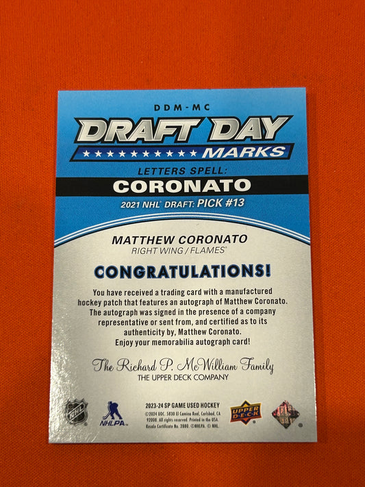 Matthew Coronato 2023 Upper Deck SP Game Used #DDM-MC Draft Day Marks 21/35