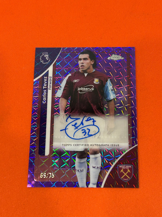 Carlos Tevez 2025 Topps Chrome Premier League #CA-CT Purple Geometric Autograph 69/75