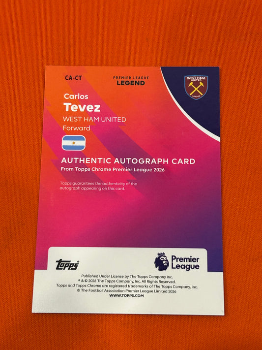 Carlos Tevez 2025 Topps Chrome Premier League #CA-CT Purple Geometric Autograph 69/75