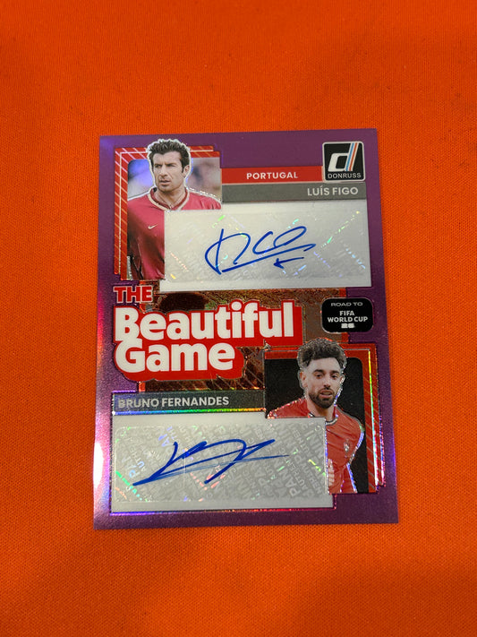 Luis Figo & Bruno Fernandes 2025 Panini Donruss Road To FIFA World Cup #BD-LB The Beautiful Game Purple Auto 2/10