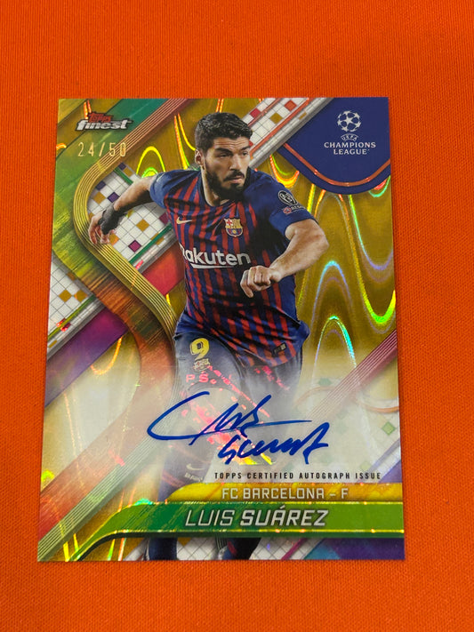 Luis Suarez 2024 Topps Finest UEFA CC #BA-SU Barcelona Gold Raywave Auto 24/50