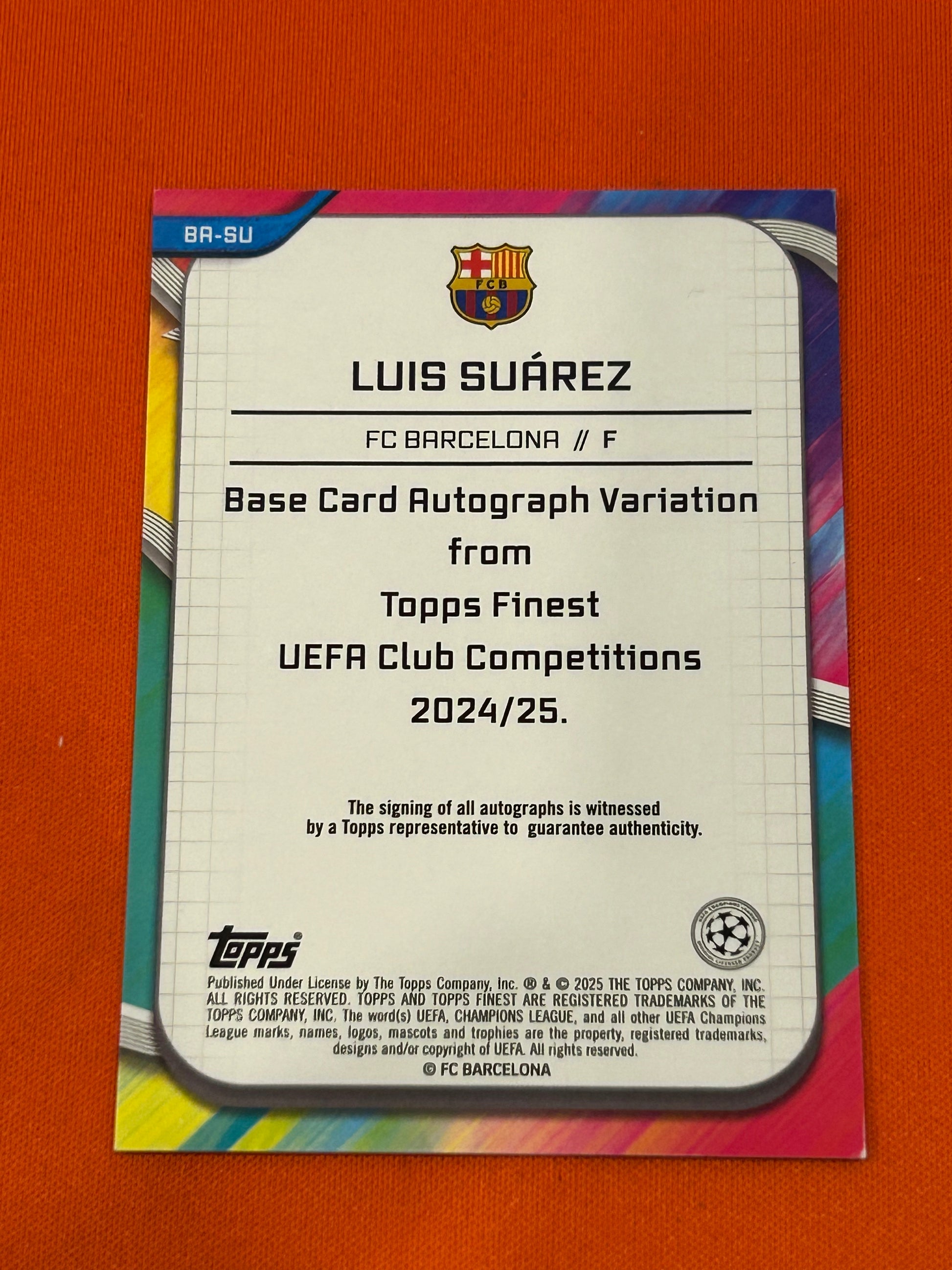 Luis Suarez 2024 Topps Finest UEFA CC #BA-SU Barcelona Gold Raywave Auto 24/50